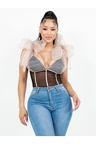 MESH RUFFLE DETAIL COLORBLOCK BODYSUIT

