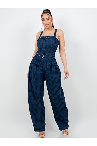 STRIPE TEXTURED DENIM BAGGY JUMPSUIT.
