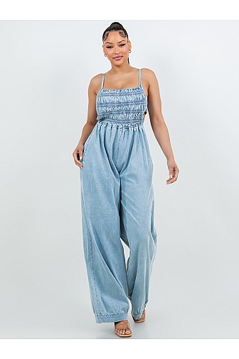 WASHED DENIM BUBBLE PANT TUBE JUMPSUIT