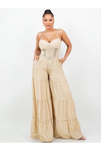 CROCHET DETAIL ULTRA WIDE LEG SLEEVELESS JUMPSUIT