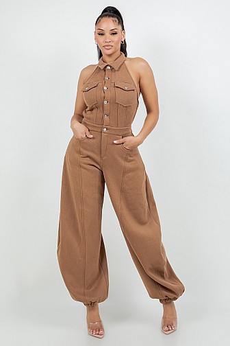 HALTER NECK BUTTON-DOWN WIDE LEG JUMPSUIT