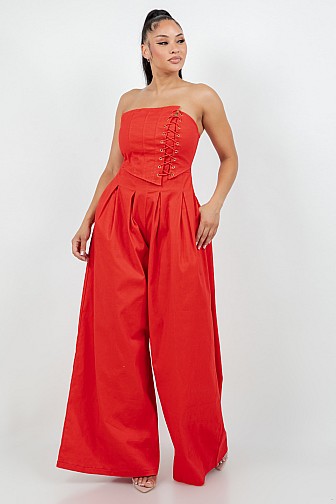 STRAPLESS CORSET LACE-UP WIDE LEG JUMPSUIT