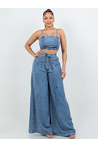 WASHED WOVEN BUTTON UP WIDE LEG MATCHING SET