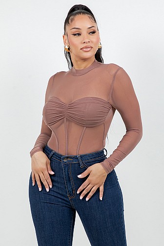 LONG SLEEVE MESH BUSTIER BODYSUIT