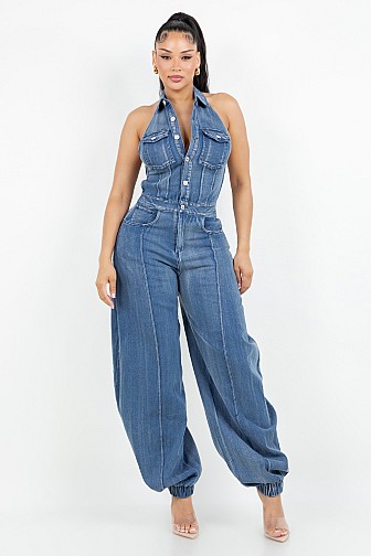 WASHED DENIM HALTER NECK BAGGY JUMPSUIT