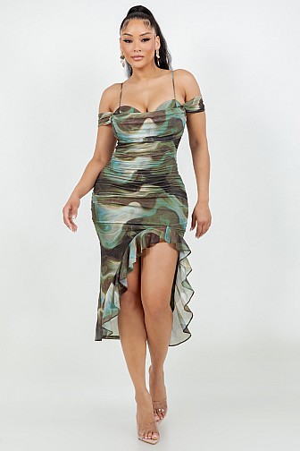 PRINTED MESH OFF-SHOULDER RUFFLE MIDI DRESS