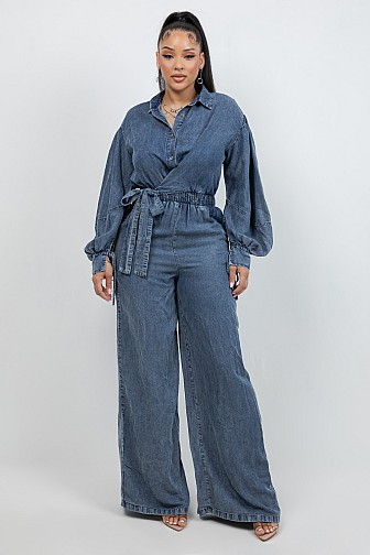 SOFT WASH WRAP FRONT WIDE-LEG JUMPSUIT