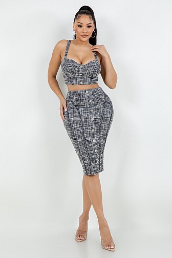 TWEED BUTTON FRONT CROP TOP & MIDI SKIRT MATCHING SET