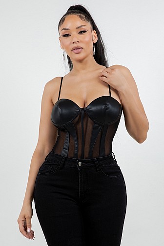 FAUX LEATHER MESH CORSET BODYSUIT TOP