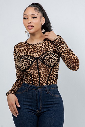 LEOPARD CORSET MESH LONG SLEEVE BODYSUIT