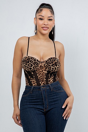 LEOPARD MESH CORSET BODYSUIT TOP