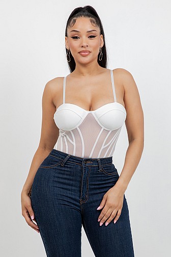 SHEER MESH CORSET BODYSUIT TOP