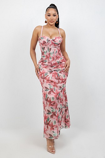 FLORAL CORSET BODY MESH DRESS