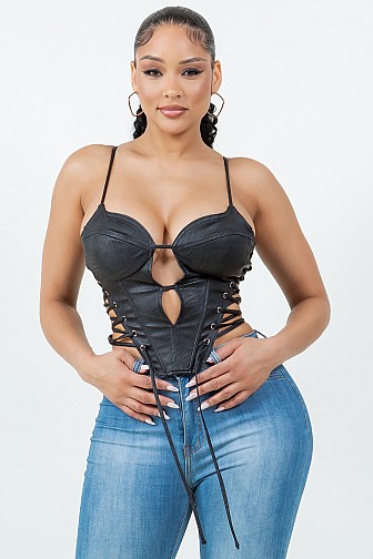 LACE-UP FAUX LEATHER CORSET TOP