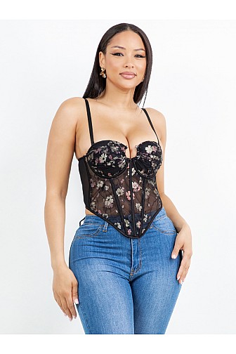 FLORAL EMBROIDERED SHEER MESH CORSET TOP

