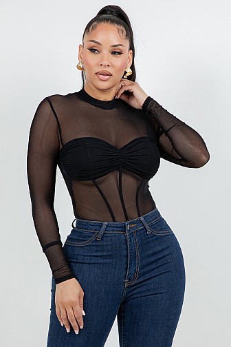 LONG SLEEVE MESH BUSTIER BODYSUIT