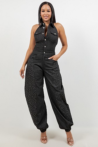 RHINESTONE DENIM JUMPSUIT