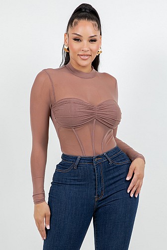 LONG SLEEVE MESH BUSTIER BODYSUIT